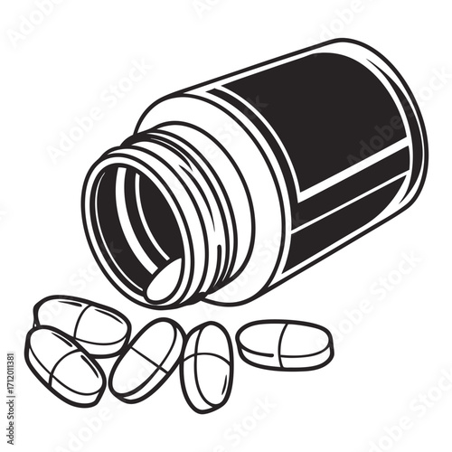 Illustration of a medicine bottle with pills spilling out, the drawing is in black and white, and it is a simple, clean design the bottle is open, and the pills are scattered around it