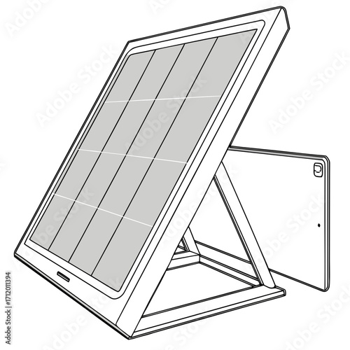 Illustration of a portable solar panel, a compact device that converts sunlight into electricity, it represents renewable energy and offgrid power solutions