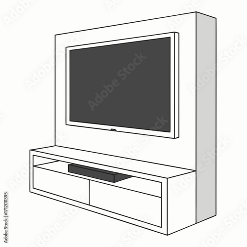 Illustration of a modern entertainment center, featuring a large flatscreen television mounted on the wall above a sleek console with storage compartments, creating a minimalist aesthetic