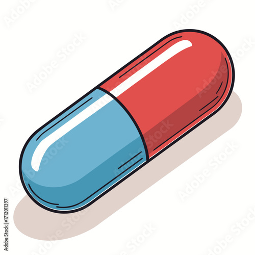 Illustration of a red and blue capsule, representing medication, healthcare, and pharmaceutical products for treatment and wellbeing in medical contexts