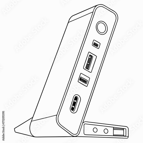Illustration of a power bank with multiple ports, showcasing portable charging solutions for electronic devices, perfect for travel guides and tech reviews