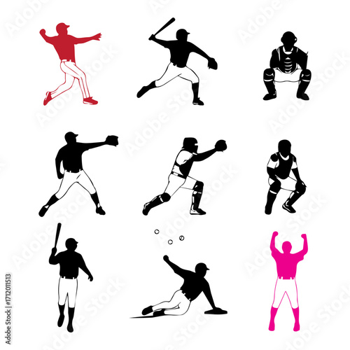 Baseball player silhouettes vector set in action poses

