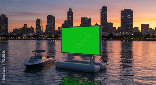 Floating green screen billboard on calm water with a modern city skyline at sunset, perfect for customizable advertising and digital content display mockups