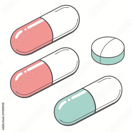 Illustration of colorful pills and tablets concept of medicine, healthcare, treatment, and pharmaceuticals for medical designs and healthrelated projects