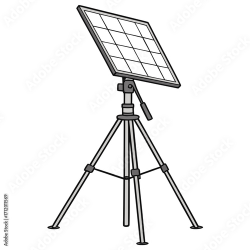 Illustration of a solar panel on a tripod, the panel is angled towards the sun, representing renewable energy and sustainable technology
