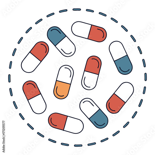 Vector art of a captivating illustration showcasing a cluster of colorful pills and capsules arranged within a circular frame, , ideal for health and wellness themes