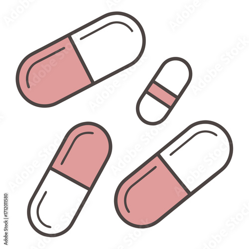 Illustration of pink and white capsule pills, symbolizing medication, treatment, healthcare, and pharmaceutical products for medical use and wellness