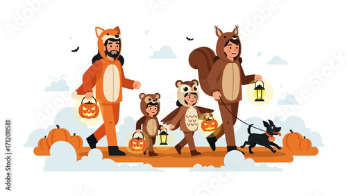 Trick or Treat Family: A whimsical illustration captures a family joyfully parading in adorable animal costumes amidst pumpkins, lanterns, and fluffy clouds.