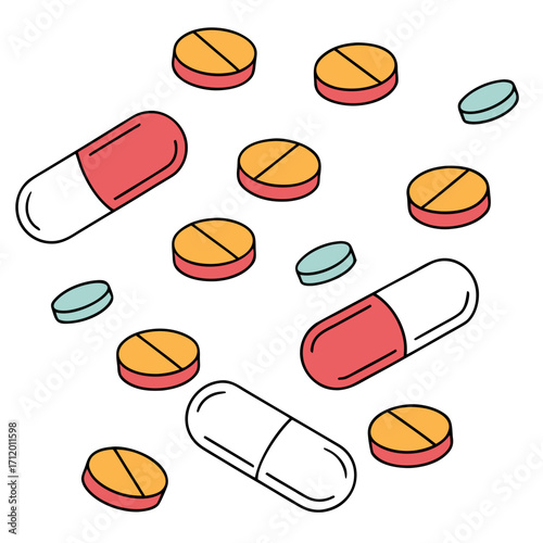 Vector art of a collection of pills and capsules scattered on a white surface, the pills are round and orange, while the capsules are red and white, with a few blue pills