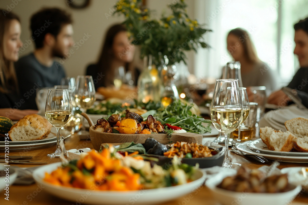 Fototapeta premium Generative ai image of beautifully decorated thanksgiving table with pumpkins, candles, flowers