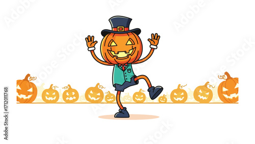 Pumpkin Head Halloween Mascot: A spirited jack-o'-lantern character, decked out in a top hat, playfully prances across a festive, autumnal banner.