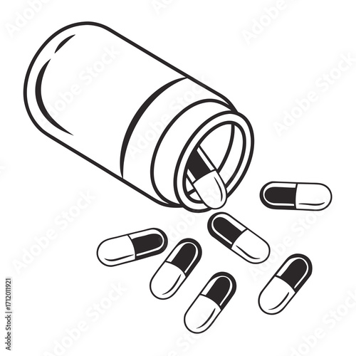 Vector art of pills spilling from a medicine bottle, illustrating medical treatment, healthcare, and the importance of prescription medication adherence and proper dosage
