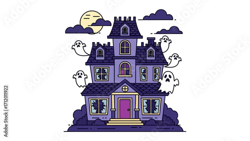 Haunted House and Ghosts: A spooky illustration of a haunted house with ghostly figures hovering around, evoking the atmosphere of Halloween and the paranormal.