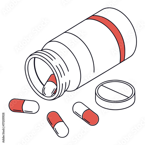 Vector art of pills spilling from a medicine bottle, depicting medical treatment, healthcare, and the significance of prescription medication adherence and correct dosage