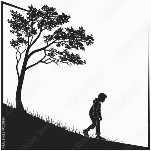 Vector art of silhouette of a young man walking down a grassy hill with a tree on the left, the scene evokes a sense of solitude and connection with nature