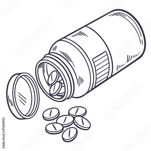 Vector art of pills spilling from a bottle, a simple and clean illustration for medical, pharmaceutical, or healthrelated designs and projects