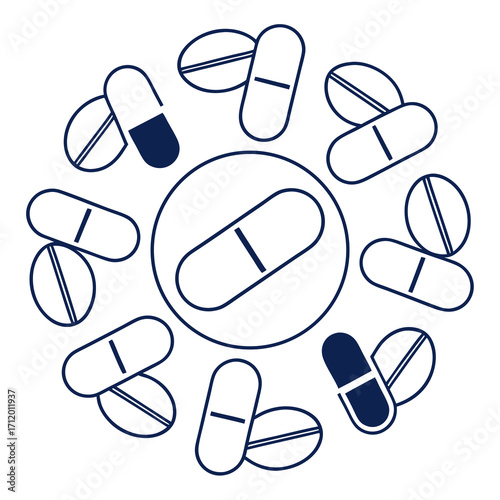 Vector art of pills and capsules arranged in a circular pattern, a simple and clean illustration for medical, pharmaceutical, or healthrelated designs and projects