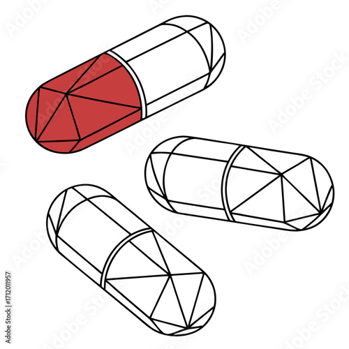 Vector art of three isometric capsule pills, one red and two white, the capsules are drawn in a simple line drawing style with geometric patterns on the surface