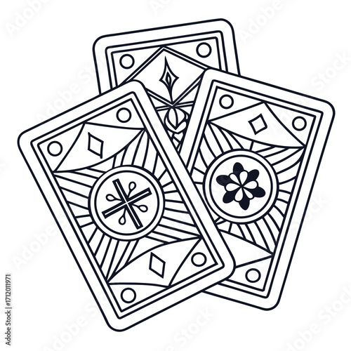 Vector art of three fortune telling cards, each adorned with unique geometric patterns, creating a mysterious and intriguing composition for divination or game concepts
