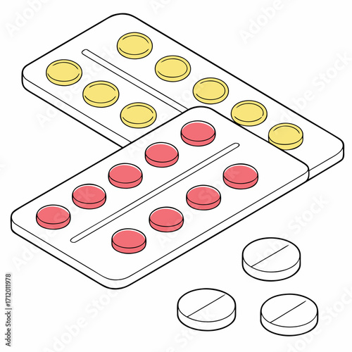 Vector art of two blister packs of pills, one with yellow pills and one with red pills, there are also two loose white pills with a score line
