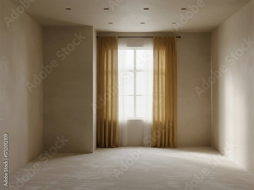 An empty room with a window and beige curtains inside