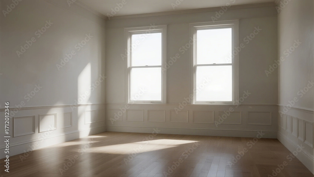 Fototapeta premium Empty room with two windows and wooden floor