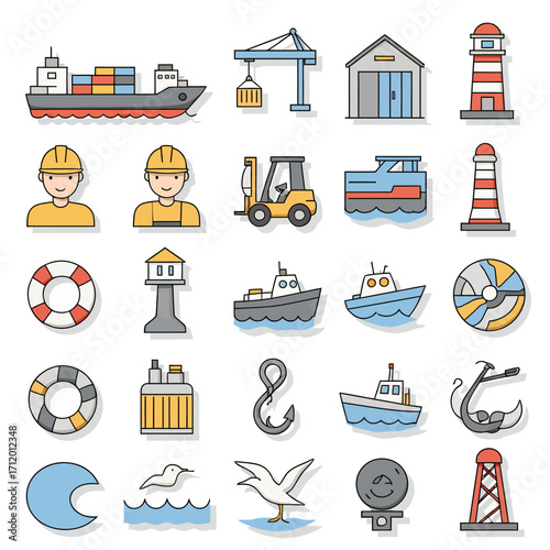 Modern maritime and port icons set for industry and travel projects
