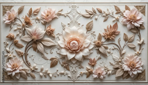 panel wall art, marble background with flower designs, wall decoration