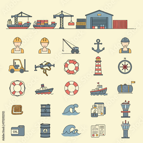Dynamic maritime industry icons depict logistics, shipping, and port operations for global trade success
