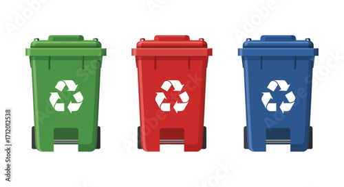 A set of three colorful recycling containers for waste management. Green, red, and blue bins for garbage sorting, vector illustration
