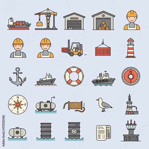 Modern maritime industry icons showcasing port operations, shipping, and maritime safety

