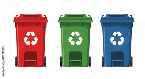 Recycling Bins Red, Green, and Blue Waste Disposal Containers