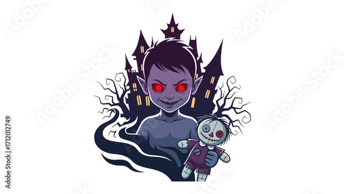 Spooky Specter and Haunted Mansion: A haunting digital illustration of a sinister specter holding a voodoo doll with piercing red eyes against a backdrop of a spooky castle and barren trees.