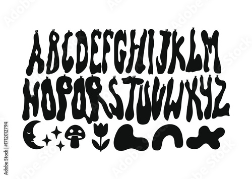 Psychedelic Wavy Display Font with Decorative Icons. Groovy Uppercase Letters and Abstract Elements for Retro Posters, Festival Graphics, Apparel Prints, Music Artwork, and Funky Creative Typography 