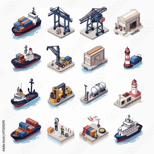 Dynamic port scenes with ships, cranes, and forklifts illustrating global logistics and commerce

