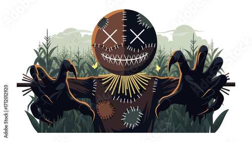 Harvest Guardian's Greeting: A stylized depiction of a scarecrow, crafted with striking details, set against a backdrop of a cornfield, embodying the spirit of autumn and harvest time.