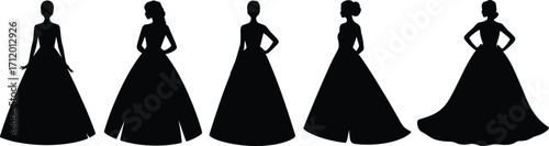 Ball gown silhouettes, elegant women, fashion icons, formal wear, dress design, graceful pose, hairstyle variety, black figures, stylish attire, evening look
