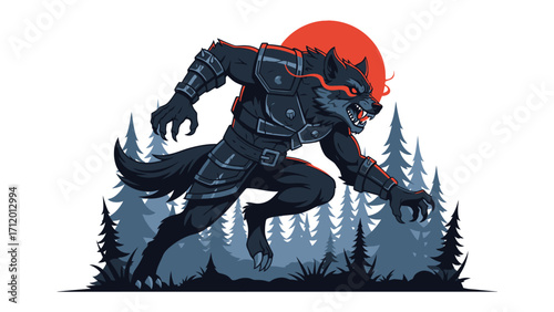 Werewolf on the Hunt: A fearsome werewolf, with piercing red eyes, embodies primal power as it prowls a moonlit forest, showcasing raw instinct and untamed spirit.