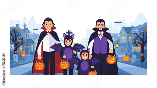 Halloween Family Fun: A festive family embraces the spooky spirit of Halloween, adorned in charming costumes amidst a twilight town setting, ready for trick-or-treating.
