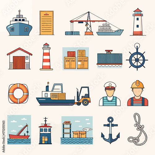 Dynamic maritime and port icons for logistics and shipping business projects
