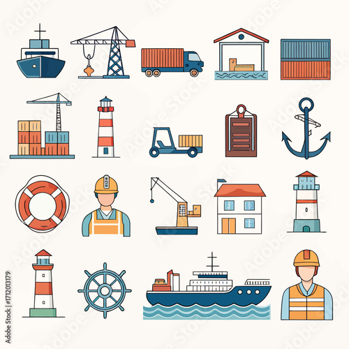 Maritime logistics and port operations icons for global shipping and cargo transport themes
