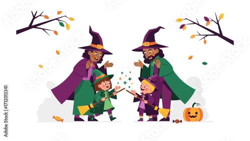 Witches' Gathering: An enchanting illustration depicting a family of witches, each casting a spell in a whimsical autumn scene.