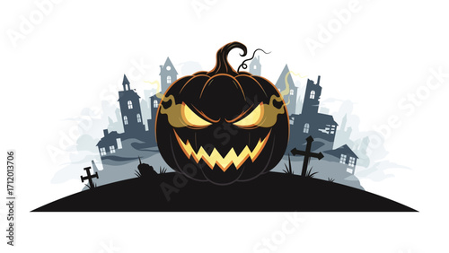 Spooky Halloween: A chilling Halloween scene unfolds, featuring a sinister, glowing jack-o'-lantern against the backdrop of a haunted cityscape. A spooky scene that will give you an eerie sensation.