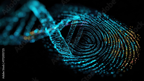 Vibrant representation of DNA structure intertwined with fingerprint, showcasing unique database system for genetic identification and analysis