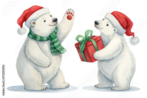 Watercolor Polar Bear in Santa Hat Christmas vector illustration isolated on white background