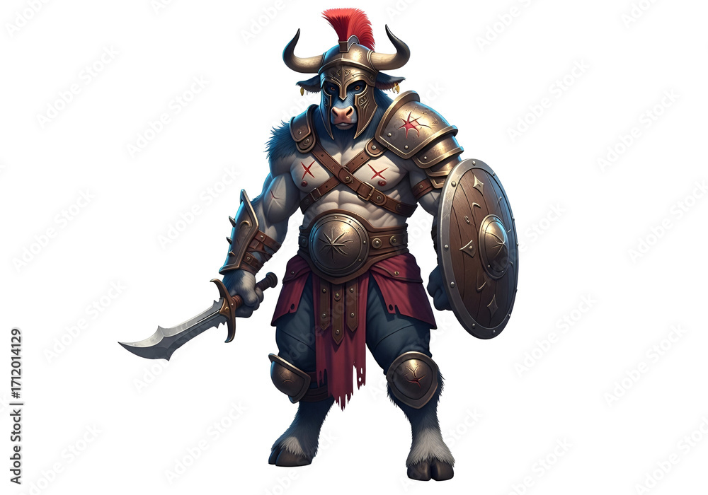 Fototapeta premium A powerful mythical bull warrior, armored in bronze, stands ready with sword and shield, showcasing detailed artistic design.