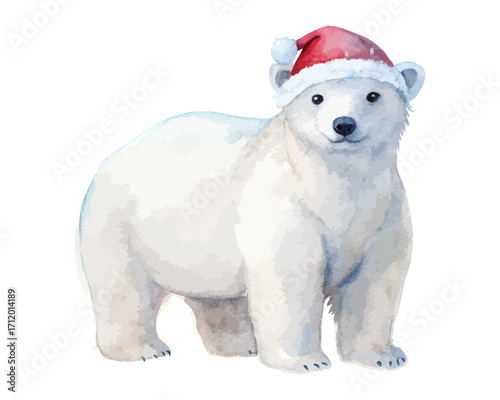 Watercolor Polar Bear in Santa Hat Christmas 