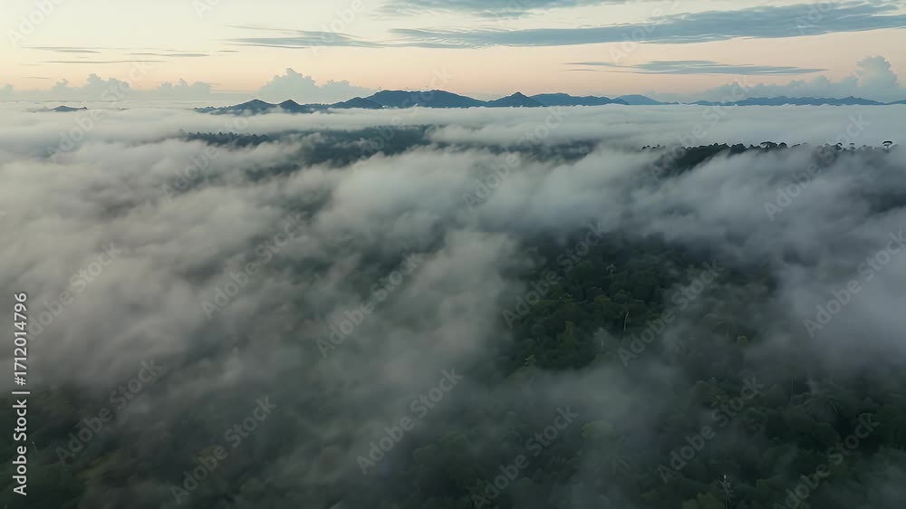 Aerial View of a Misty Rainforest at Sunrise Aerial View of a Misty Rainforest at Sunrise