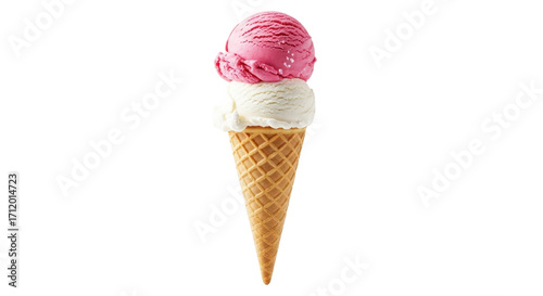 Double scoop ice cream cone with strawberry and vanilla isolated PNG with Transparent Background