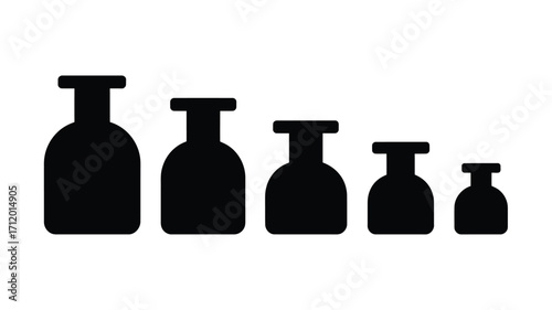 Five black silhouette bottles of varying sizes